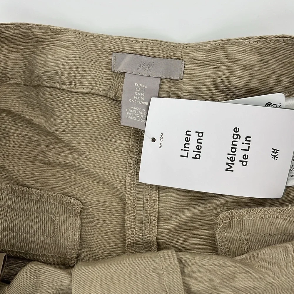 NWT H&M High Waist shorts Khaki Pleated‎ linen blend academia 14